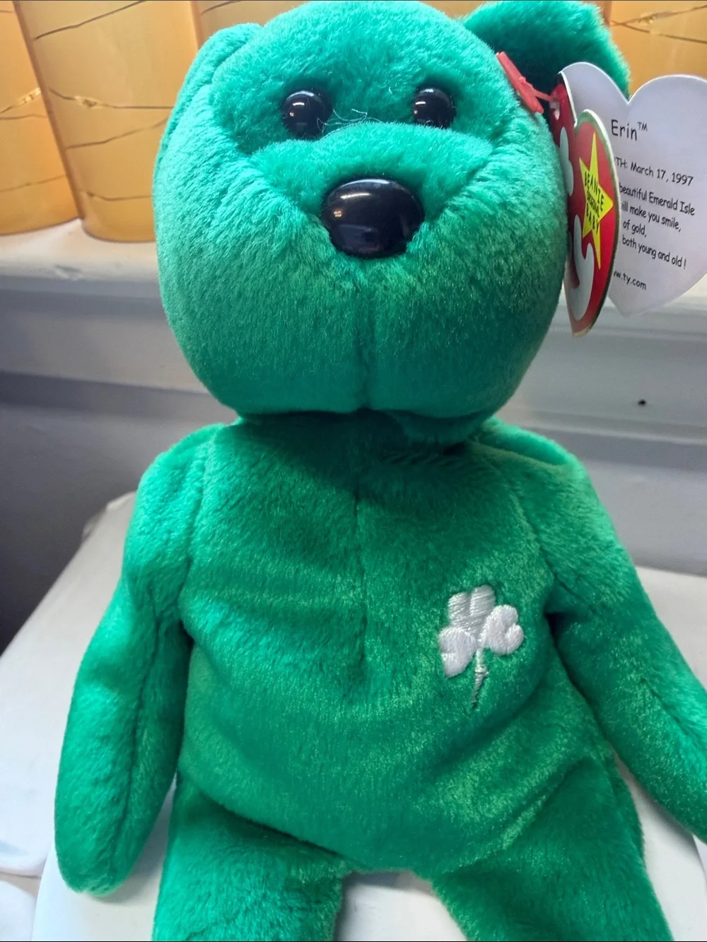 NWT Ty Erin Emerald Green Beanie Baby Bear with Shamrock Detail